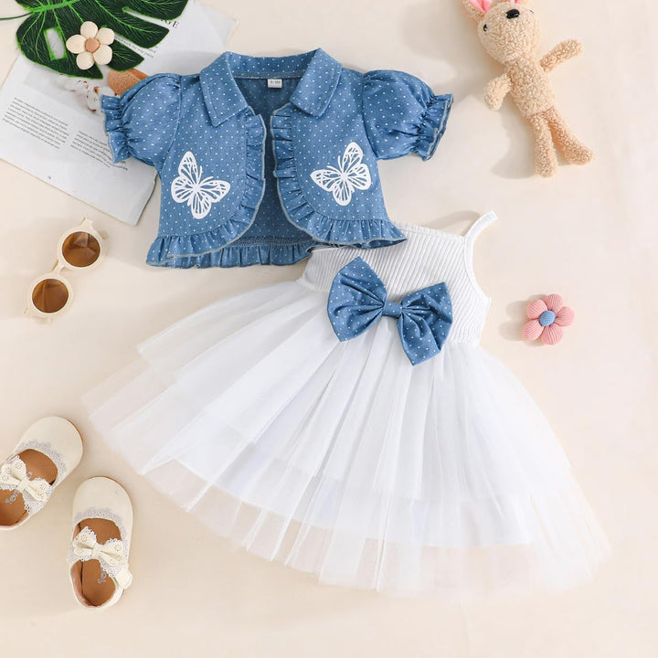 Kleinkind Baby Mädchen Bowknot Tutu Kleid und Cardigan Set 2 Stück ärmellosem Tüllkleid mit Blumenmu