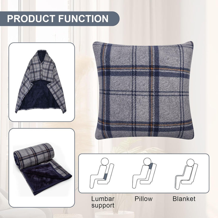 Tragbare Decke Kompaktes Kissen 2-in-1-Schossdecke Damen Poncho Fleece mit Knopf Karierte Tagesdecke