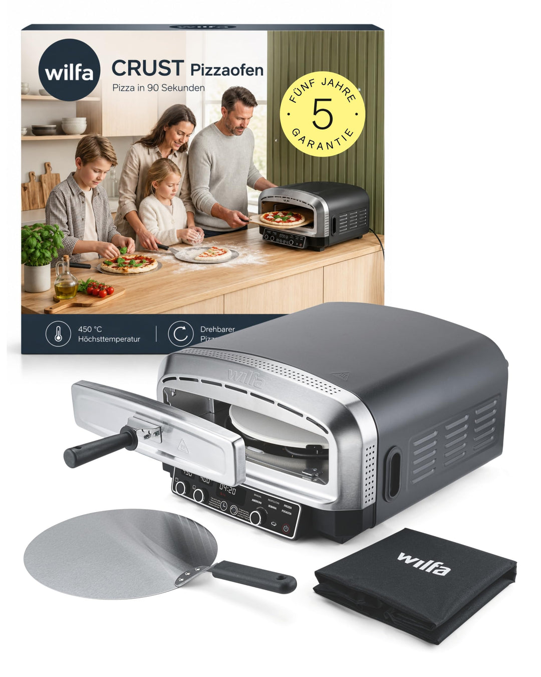 Wilfa CRUST Elektrischer Pizzaofen 2200W I Pizzaofen für bis zu 450 °C mit drehbarem 13" Pizzastein