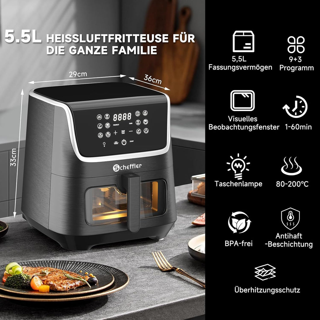 Heissluftfritteuse Scheffler 5,5L Airfryer,1800W Friteuse Heissluft ohne Fett,Power Air fryer,Heissl