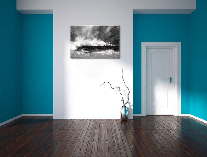 Pixxprint Tobendes Meer mit Leuchtturm als Leinwandbild/Grösse: 100x70 cm/Wandbild/Kunstdruck/fertig