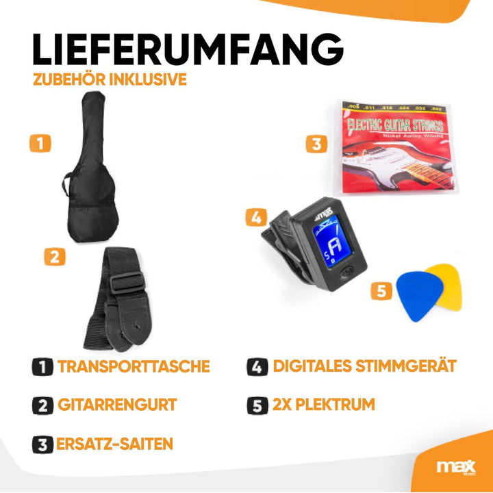 Max GigKit E Gitarre Set, E Guitar, Elektrogitarre mit Verstärker 40 Watt, Gitarrentasche, Plektrum,