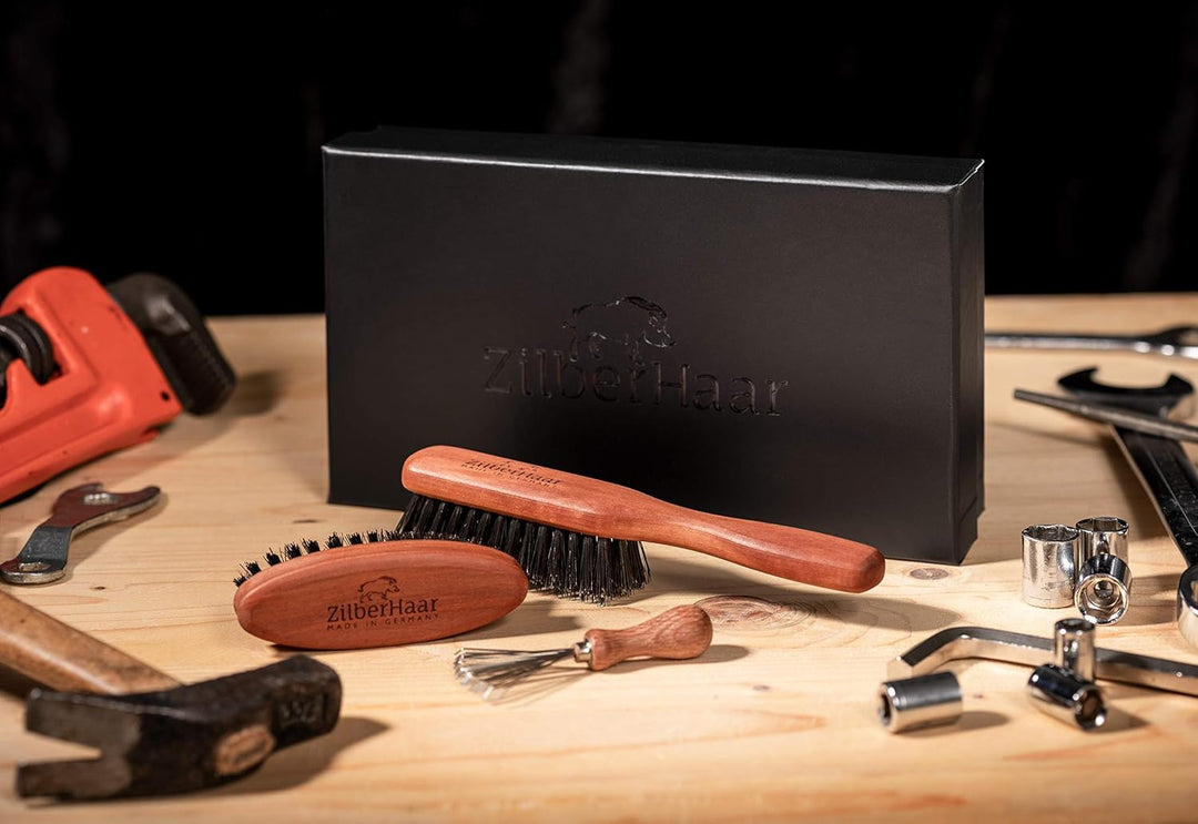 ZilberHaar Bartbürsten-Pflegeset für Männer - 1 Bartbürste + 1 Taschenbürste + 1 Bürsten Reinigungsw