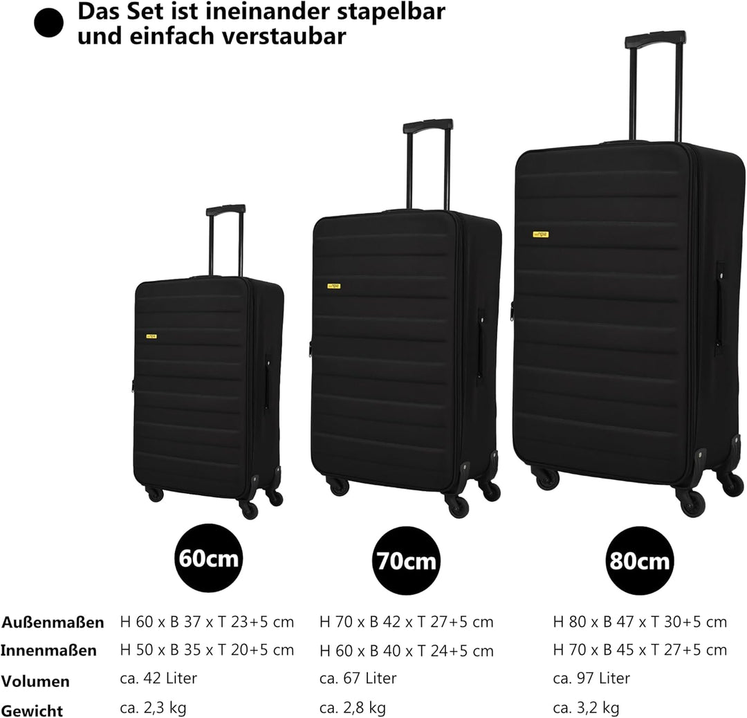 SIGN Stoffkoffer Reisekoffer Trolley (Handgepäck-Mittel-Gross-Set) + 5cm Dehnungsfuge (Schwarz, 3er