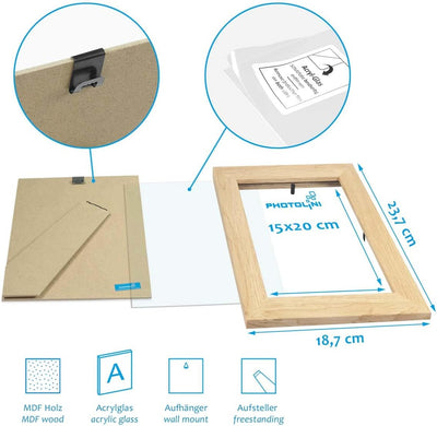 PHOTOLINI Bilderrahmen 15x20 cm MDF-Holz Natur, breite Rahmen, 10er Set, modern, bruchsicheres Acryl