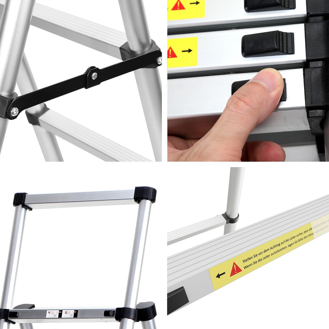 1.7+2M Klappleiter Teleskopleiter, A-Rahmen 5+6 Sprossen Aluminiumleiter, Rutschfester Aluleiter mit