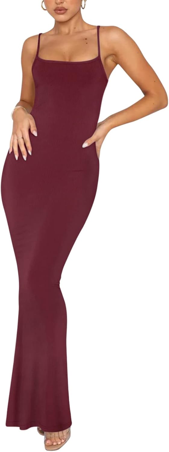 REORIA Damen Sexy Lounge Slip Langes Kleid Elegantes Hochzeitsgast ärmelloses rückenfreies Geripptes