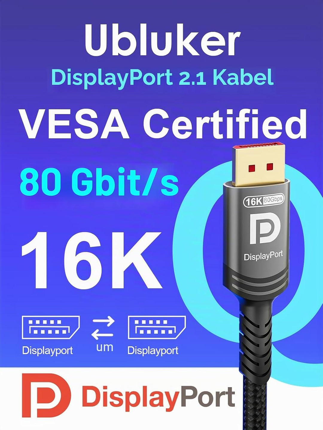 Ubluker 16k 8k DisplayPort 2.1 Kabel 80Gbps 3M, Zertifiziert Ultra-high Bit Rate DP Kabel UHBR20 HDR