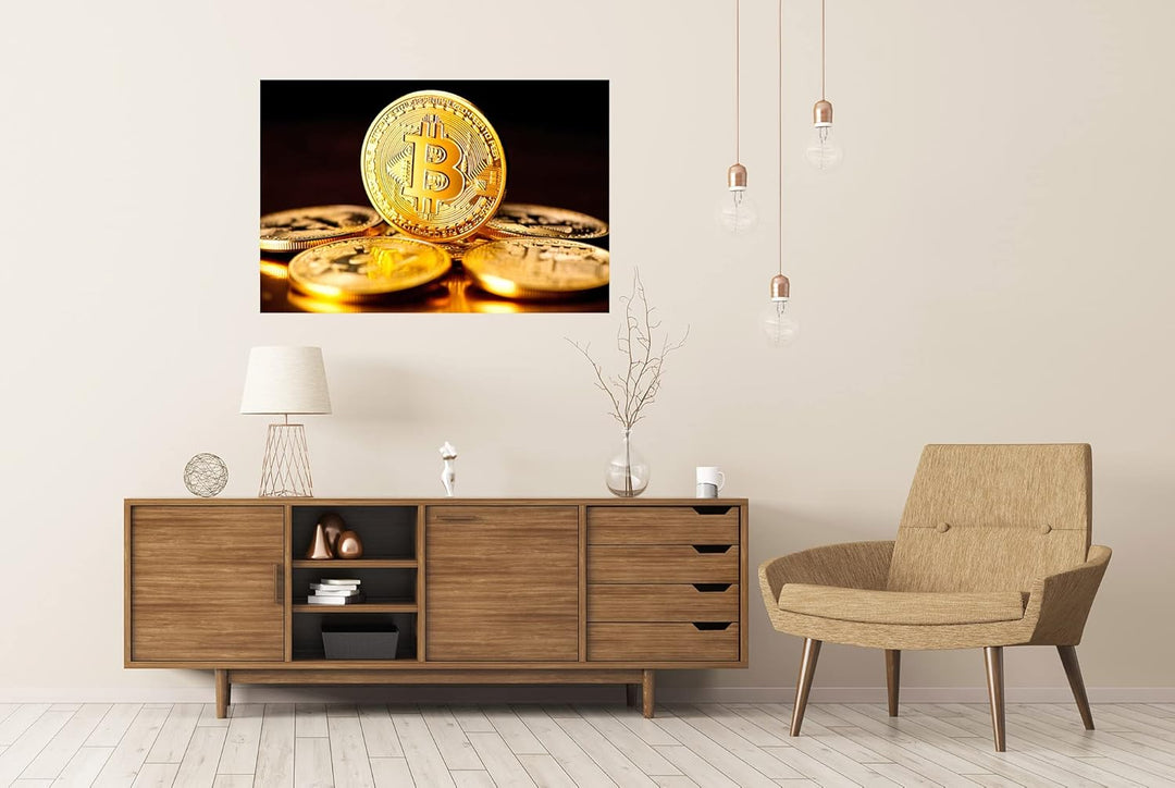 islandburner XXL Bild Poster Bitcoin Krypto Währung Münze Schwarzer Hintergrund Premium Bilder Fotod