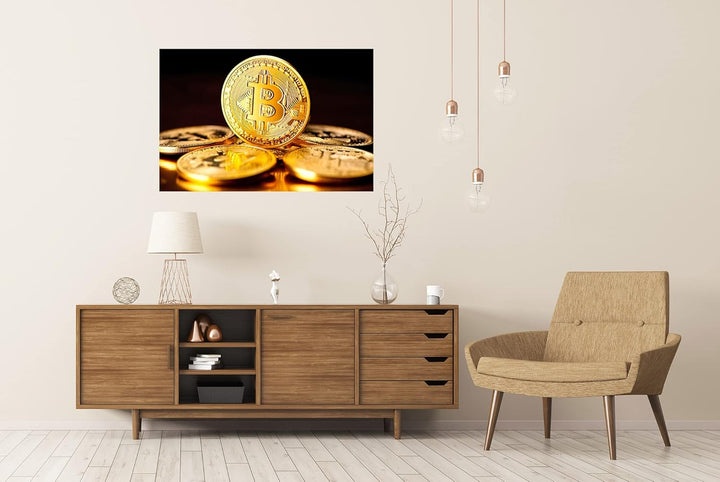 islandburner XXL Bild Poster Bitcoin Krypto Währung Münze Schwarzer Hintergrund Premium Bilder Fotod
