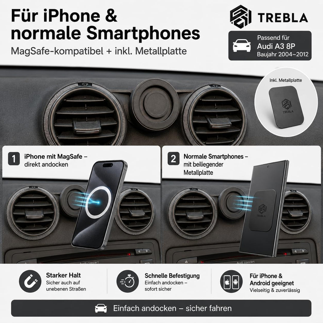 Generisch Handyhalterung kompatibel mit Audi A3 8P (BJ 2004-2013) (MagSafe + Magnet), MagSafe + Magn
