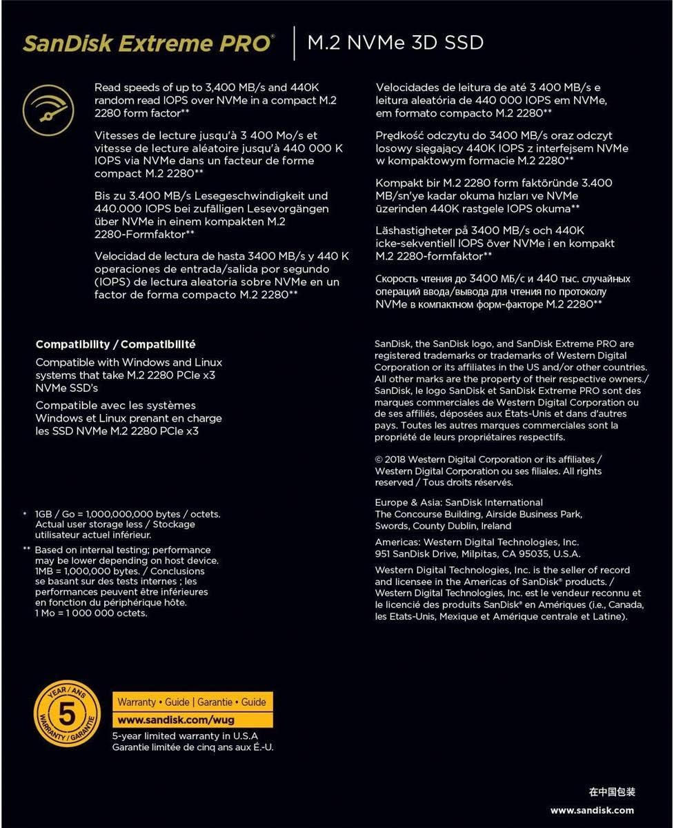 SanDisk Extreme PRO M.2 NVMe 3D SSD 500 GB interne SSD (Lebensdauer von bis zu 300 TBW, 3D-NAND-Tech