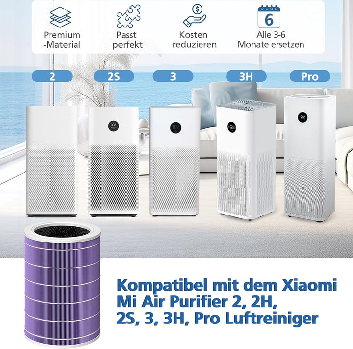 Ersatzfilter kompatibel mit Xiaomi Mi Luftreiniger 2, 2H, 2S, 3, 3H, Pro (4fach Hohe Effizienz H13 G