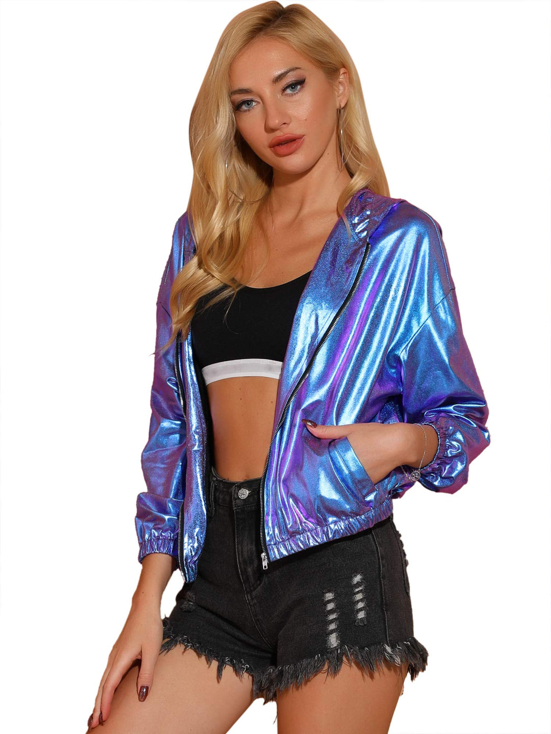 Allegra K Damen Bluson Langarm Metallic Jacke Holographic Party Reissverschluss Kapuzenjacke XS Blau