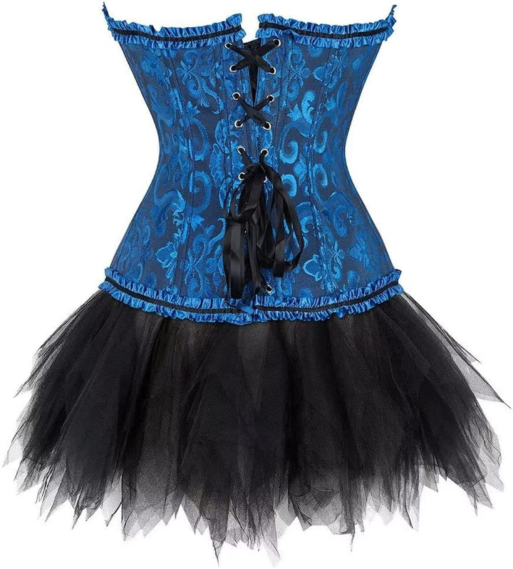 Korsett Schwarz Corsage Kleid Rock elegant Kostüm mit korsettkleid Spitze Lace nrock sexy Karneval F