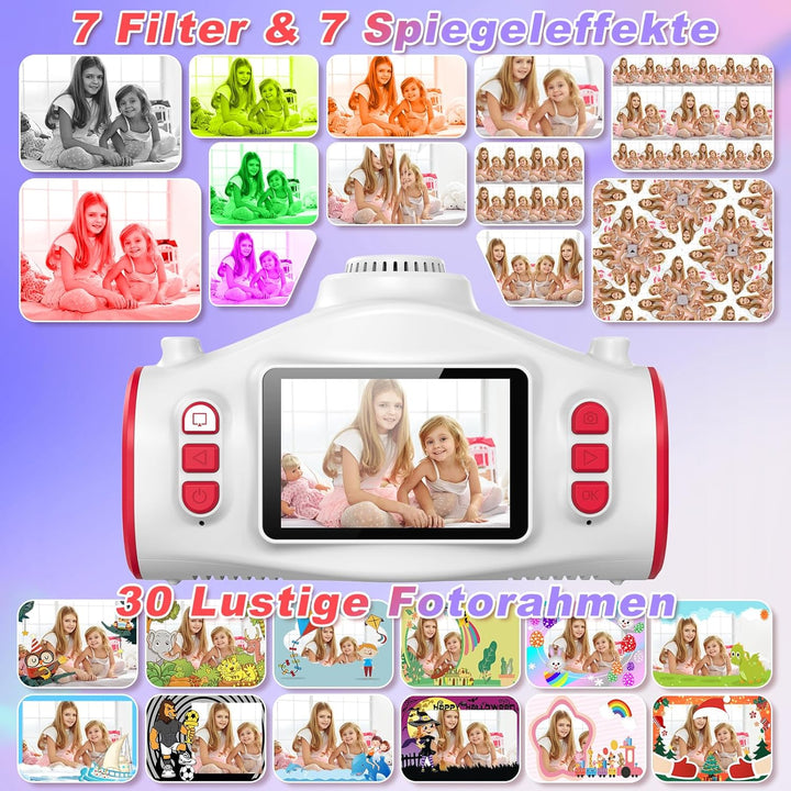 Kinderkamera mit Projektionskamera, 3 in 1 Videokamera,1080P mit 32GB-Karte, 2.4-Zoll-Bildschirm,Ges