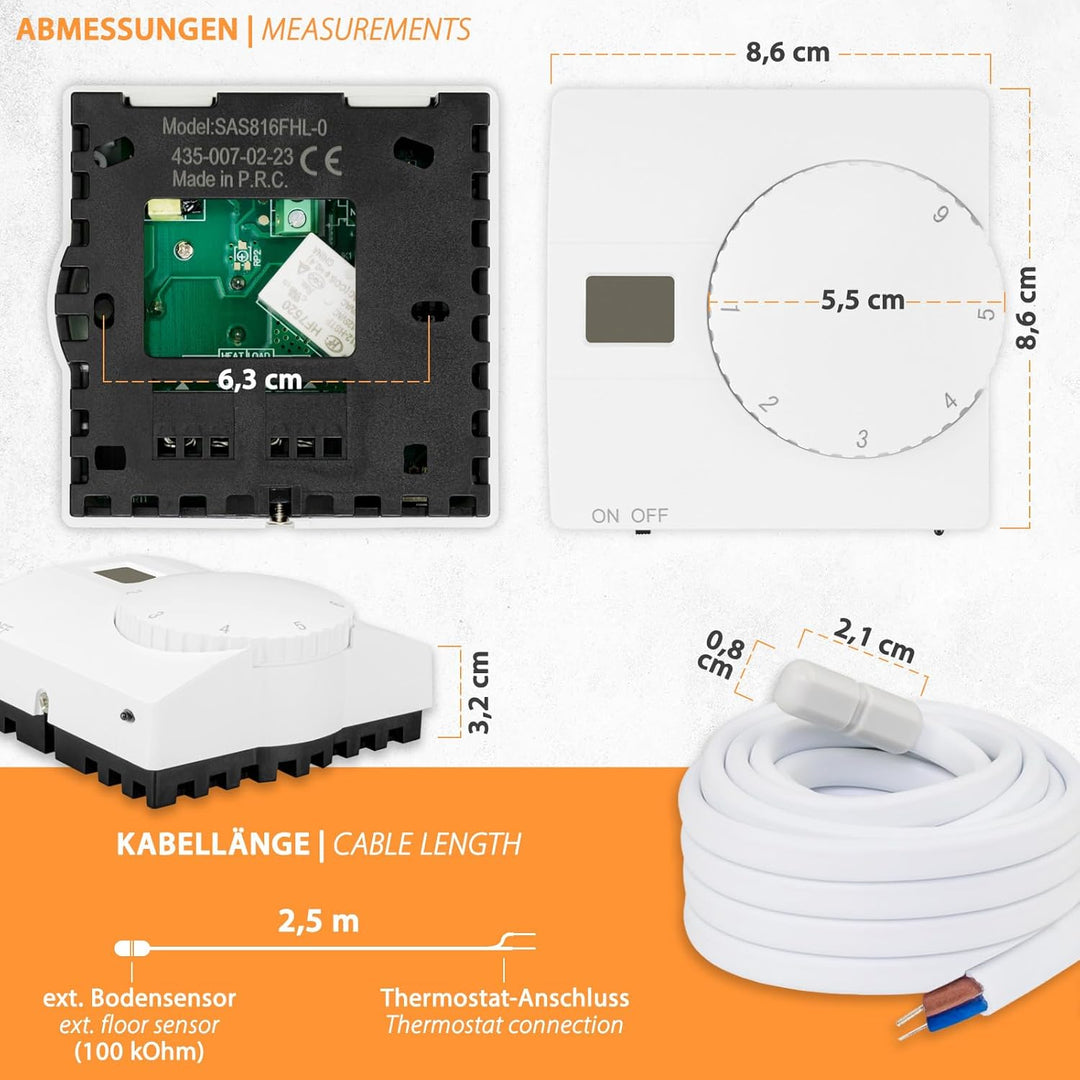 Aufputz Raumthermostat Digital 230V weiss mit internem u. externem Sensor für Wasser- u. elektrische