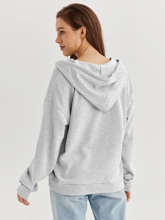 GOLDPKF Hoodie Damen 1/4Knopfleiste Leichter Pullover für Den Kapuzenpullover V-Ausschnitt S A04-gra