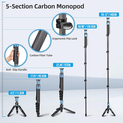 SIRUI P-325FS Carbon Fiber Kamera Wanderstock Einbeinstativ Monopod mit Standfuss, 140cm leichte,Tel