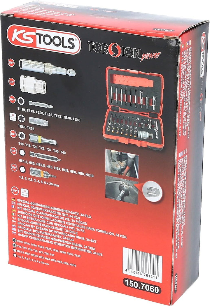 KS Tools 150.7060 1/4" + 10 mm Torx- und Innensechskant-Schrauben-Ausdreher-Satz, 34-tlg