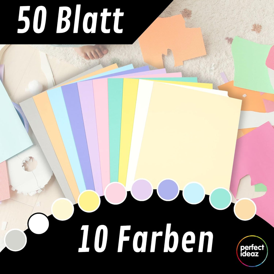 perfect ideaz • 50 Blatt Fotokarton DIN-A2, 10 Farben, stabiler recycling Karton 300 g/m², Made in G