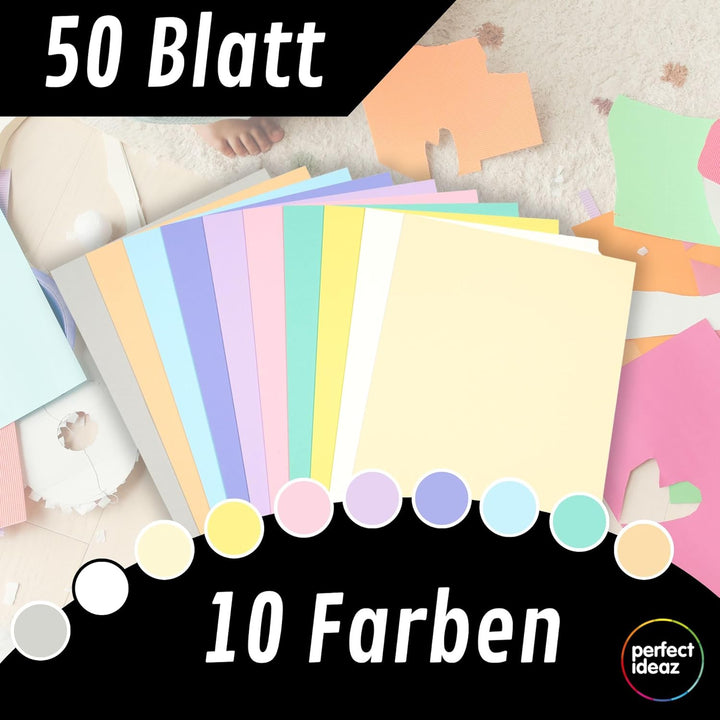 perfect ideaz • 50 Blatt Fotokarton DIN-A2, 10 Farben, stabiler recycling Karton 300 g/m², Made in G