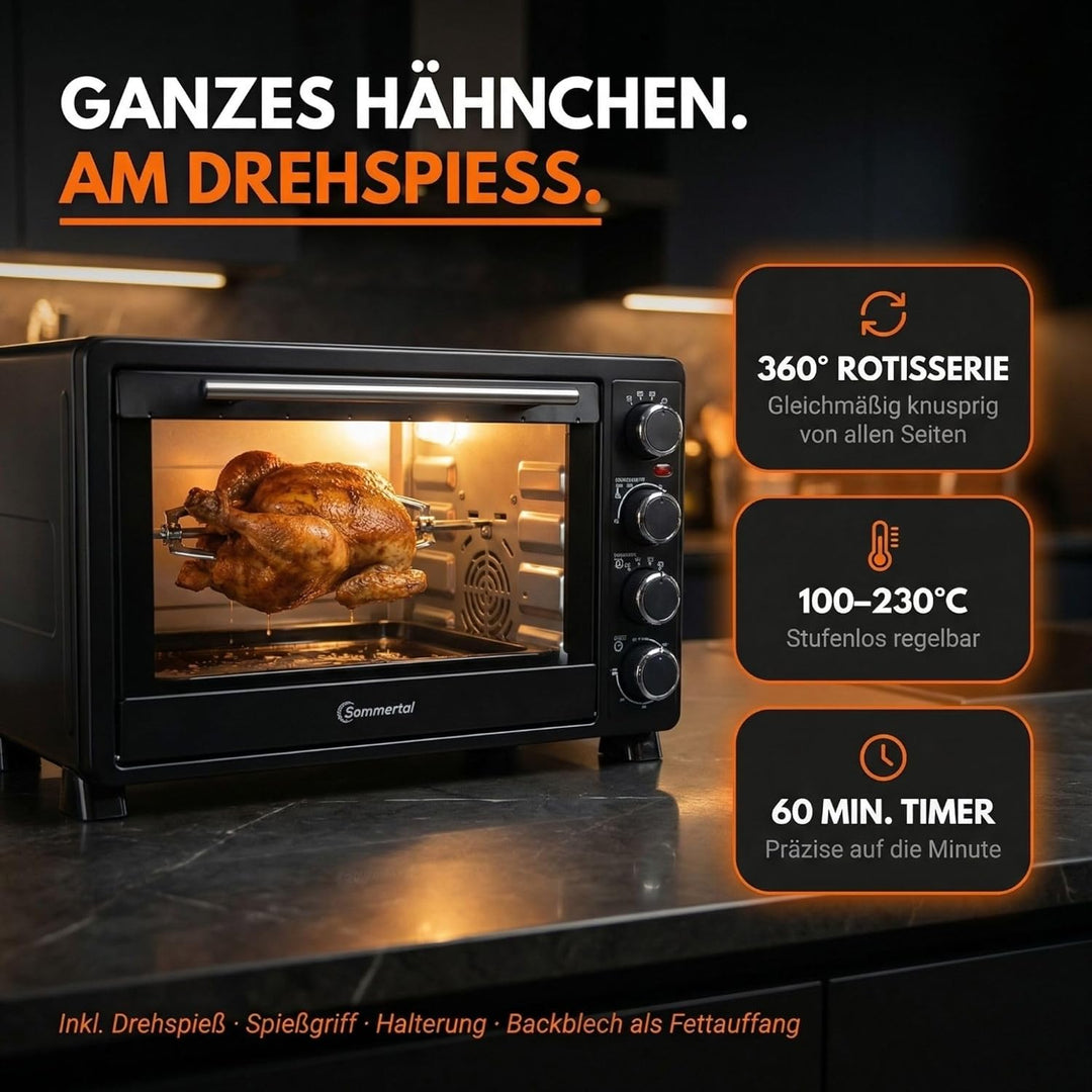 Minibackofen 30 Liter mit Drehspiess & Umluft, 1500W, 100–230°C, 60 Min. Timer, Hähnchengrill Mini B