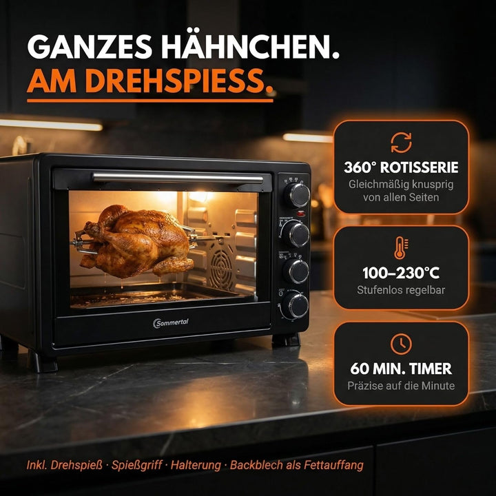 Minibackofen 30 Liter mit Drehspiess & Umluft, 1500W, 100–230°C, 60 Min. Timer, Hähnchengrill Mini B