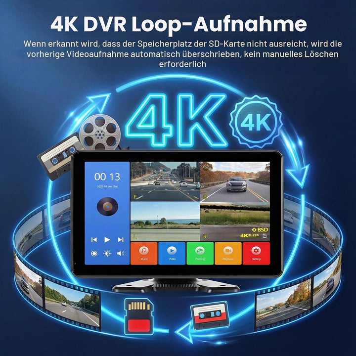CAMECHO Rückfahrkamera 4 Kameras Set 10,1" IPS HD Monitor 4 Geteilte Rück und Vorder Kamera Weitwink