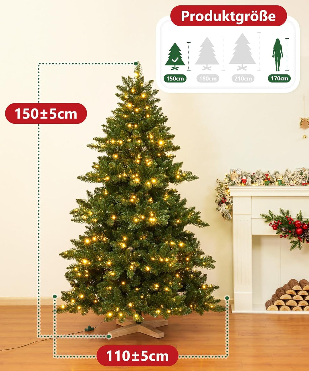 Yorbay Künstlicher Weihnachtsbaum mit Beleuchtung LED mit Holzständer für Weihnachten-Dekoration (15