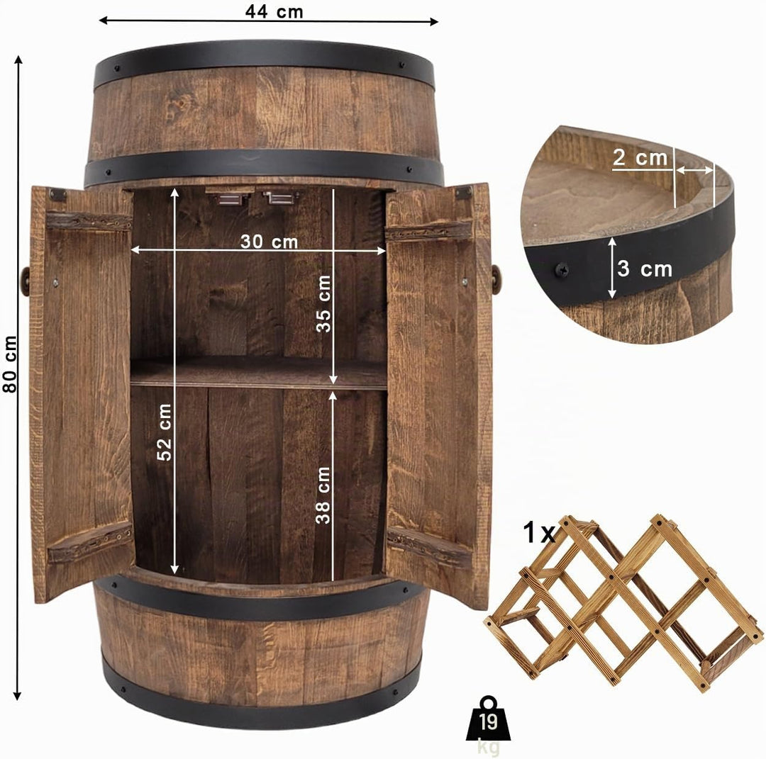 weeco Fassbar mit Tür und Weinhalter - Weinregal. Fass Hausbar Weinrack 80 cm. Rustikaler deko Barsc