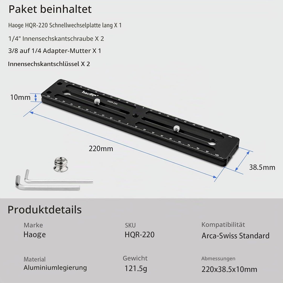 Haoge HQR-220 220 mm Mehrzweck-Schnellwechselplatte für Kamerastativ, Kugelkopf, Klemme für Arca Swi