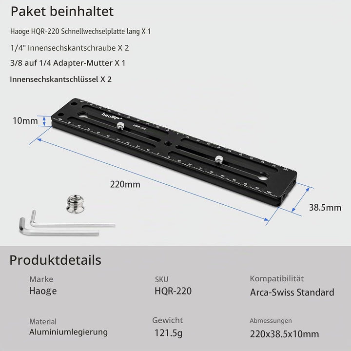 Haoge HQR-220 220 mm Mehrzweck-Schnellwechselplatte für Kamerastativ, Kugelkopf, Klemme für Arca Swi