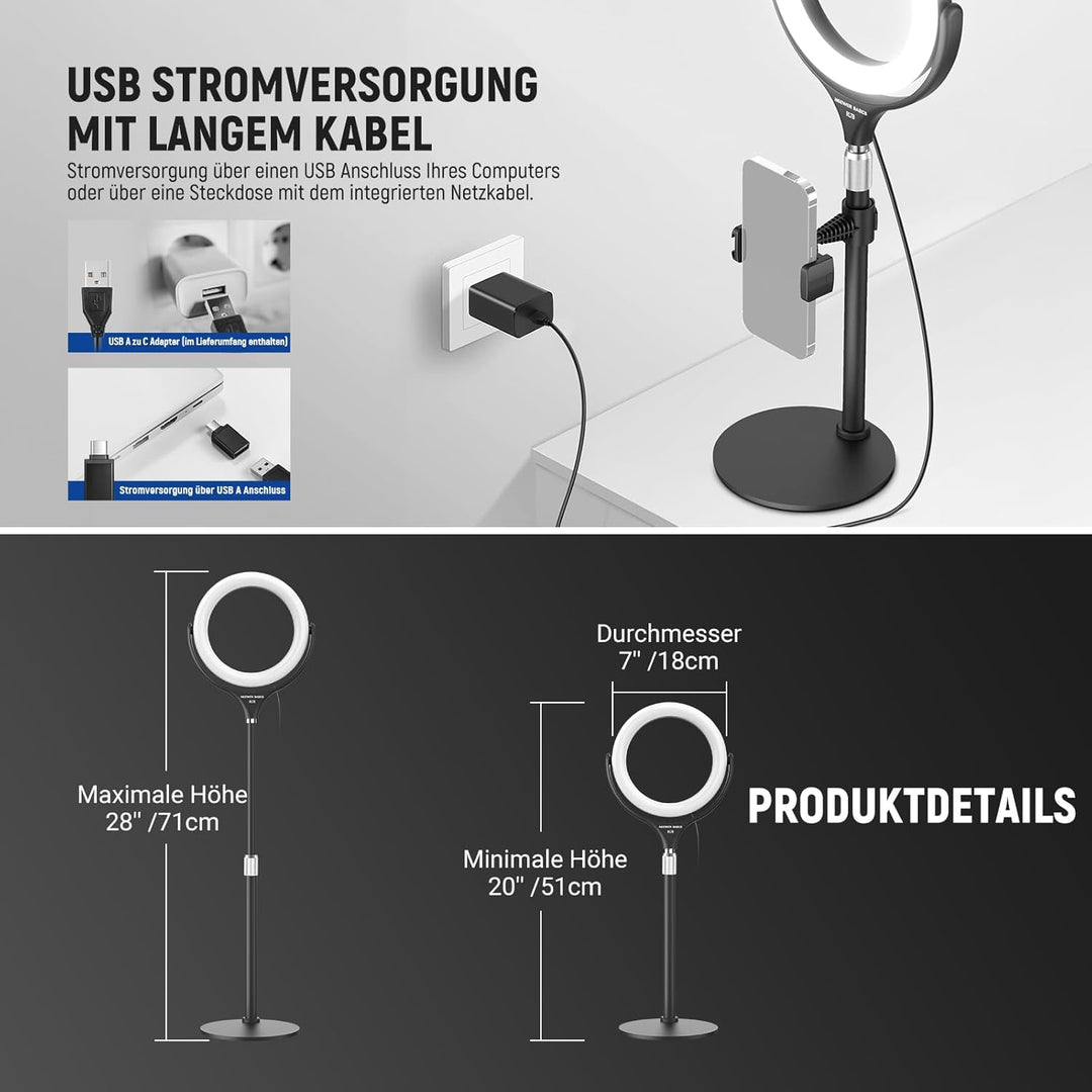 NEEWER Basics 7" Tisch Ringlicht mit Ständer/Handyhalterung kompatibel mit iPhone, 10W CRI95+ zweifa