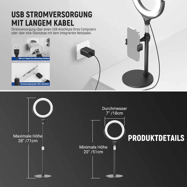 NEEWER Basics 7" Tisch Ringlicht mit Ständer/Handyhalterung kompatibel mit iPhone, 10W CRI95+ zweifa