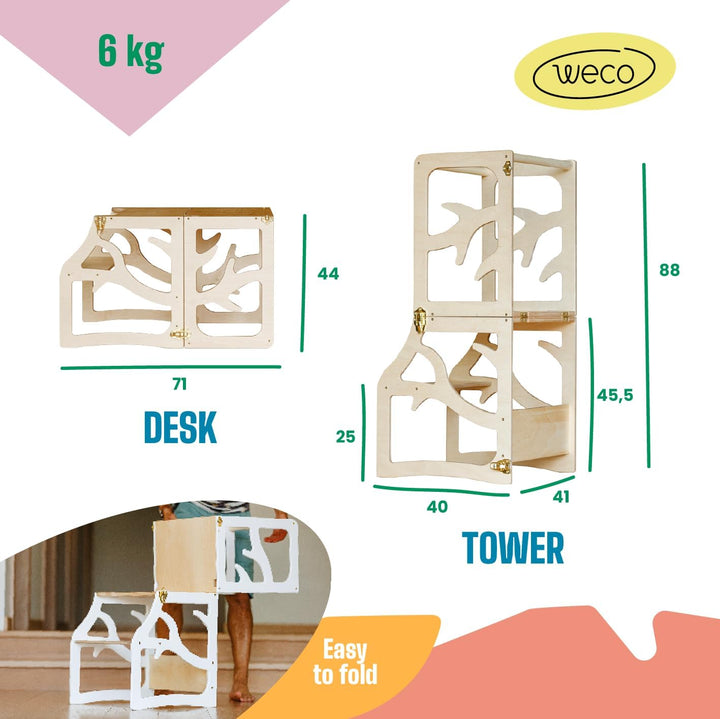 Weco Montessori Kinder Lernturm 2 in 1 Baum Design Tritthocker FSC Zertifikat Schreibtisch Montessor