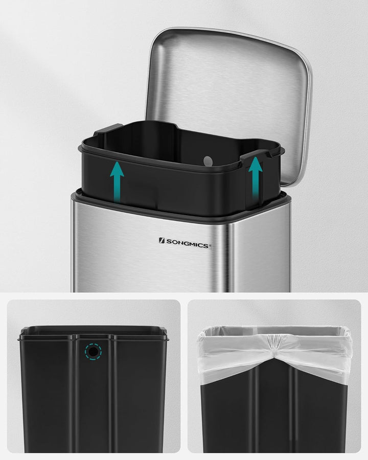 SONGMICS Mülleimer, 30 Liter Abfalleimer, Treteimer aus Stahl, mit Inneneimer und Deckel, Softclose,