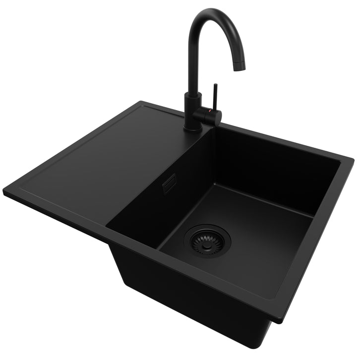 PRIMAGRAN Granitspüle Alles Schwarz 62x50cm, Spülbecken 1 Becken + Küchenarmatur 32x20cm + Ablauf-Se