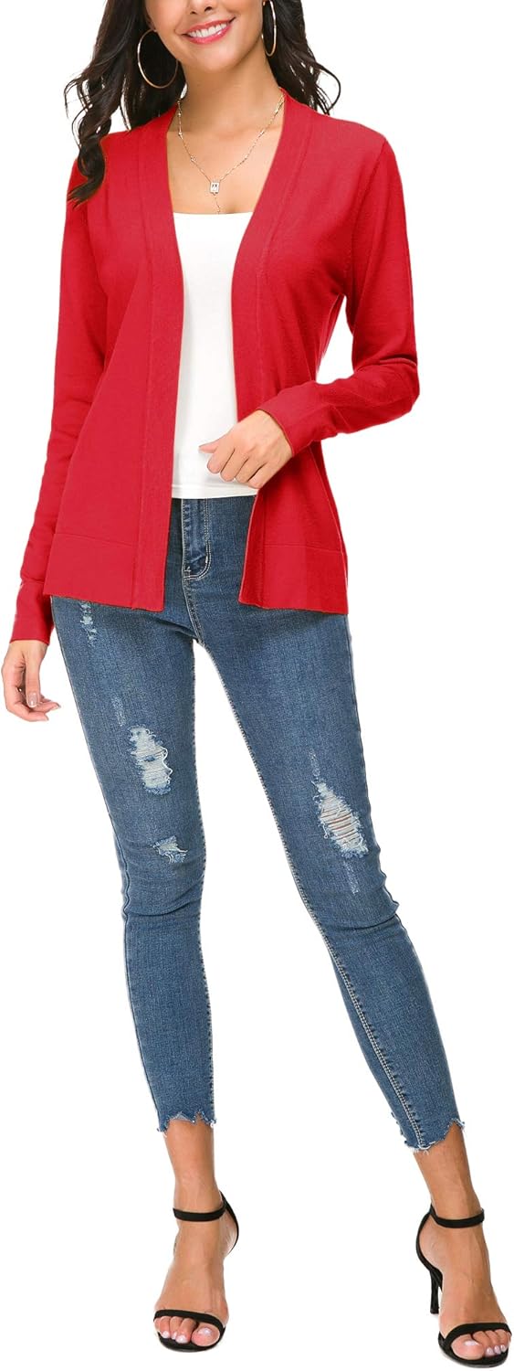 Damen Elegant Casual Strickjacke Solid Langarm Cardigan Leicht Gestrickt Blazer Rot M, Rot M