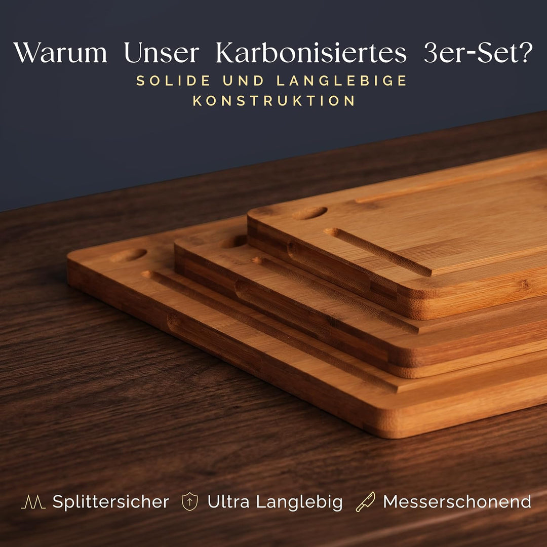 Deer &amp; Oak Schneidebrett-Set 3-teilig, karbonisierter Bambus vorgeölt | Mit Aufhängeloch · bei 260 °