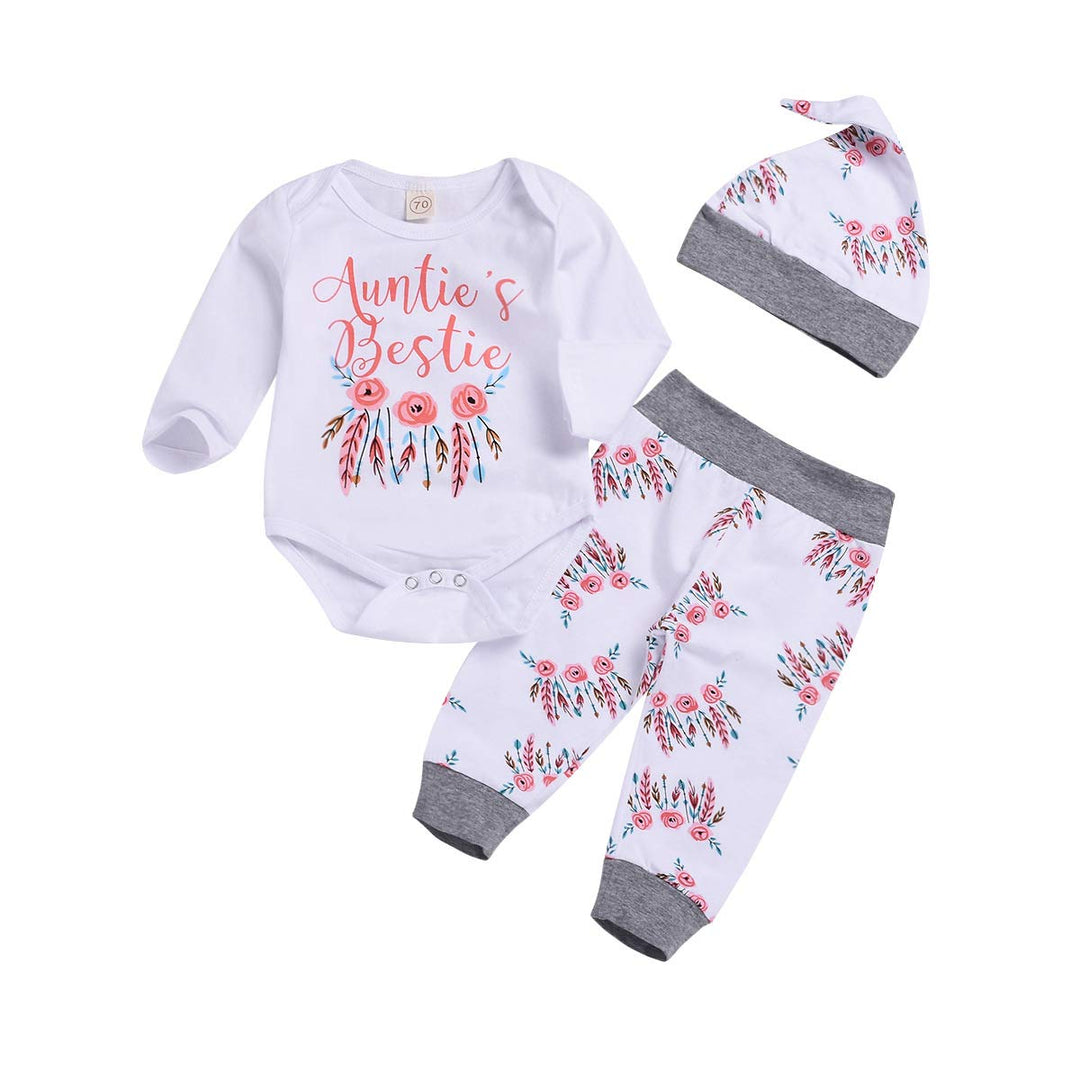 Baby Mädchen Kleidung Tante Bestie Strampler Top+Floral Pants+Hat 3Pcs Baby Tante Bekleidungssets 18