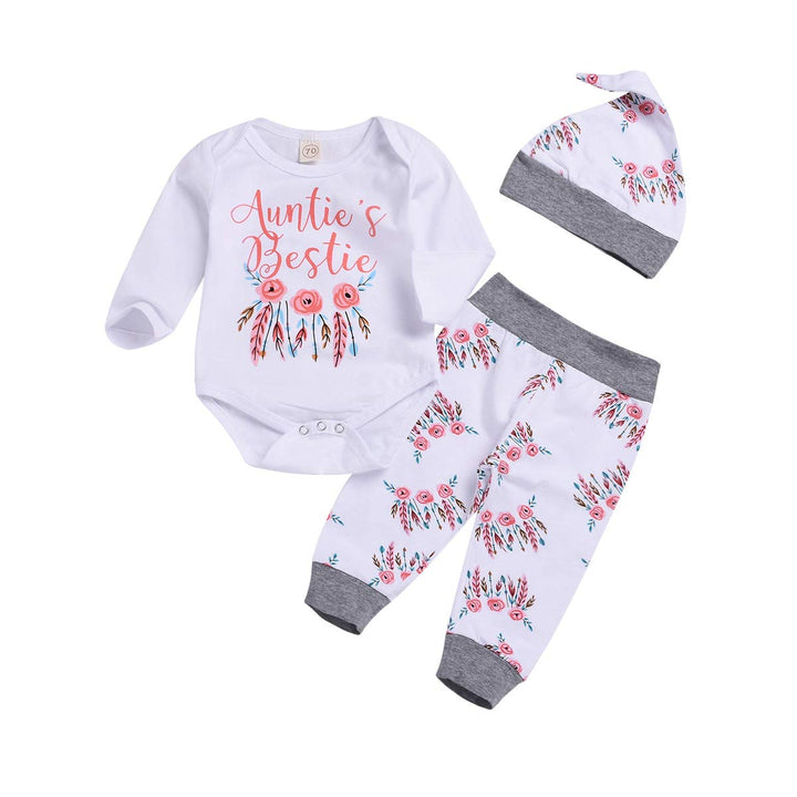 Baby Mädchen Kleidung Tante Bestie Strampler Top+Floral Pants+Hat 3Pcs Baby Tante Bekleidungssets 18