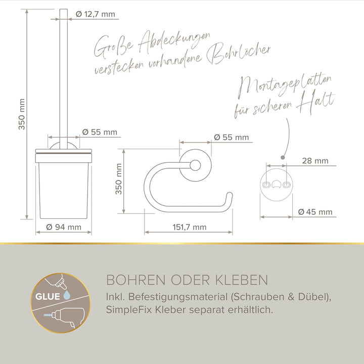 Starter Set NOA (2 Haken, WC-Papierhalter ohne Deckel, WC-Bürstenset), Nickel-matt, Designed by Lenz
