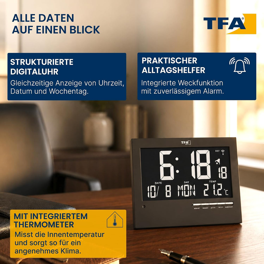 TFA Dostmann Digitale Funkuhr mit automatischer Hintergrundbeleuchtung, mit Innentemperatur, Datum,