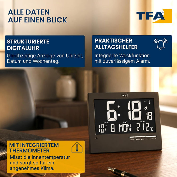 TFA Dostmann Digitale Funkuhr mit automatischer Hintergrundbeleuchtung, mit Innentemperatur, Datum,