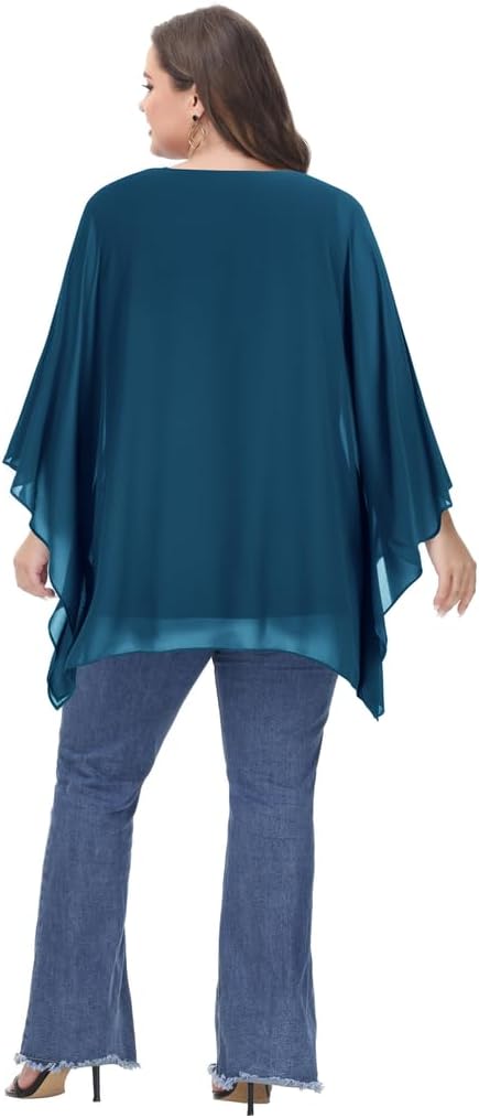 Hanna Nikole Damen Grosse Grössen Chiffon Blusen Elegant Fledermaus Hemd Doppellagige Tops Lose Long