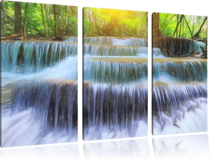 Pixxprint Wasserfall im Regenwald / 3-Teilig/Gesamtmass 120cm Leinwandbild bespannt auf Holzrahmen/W