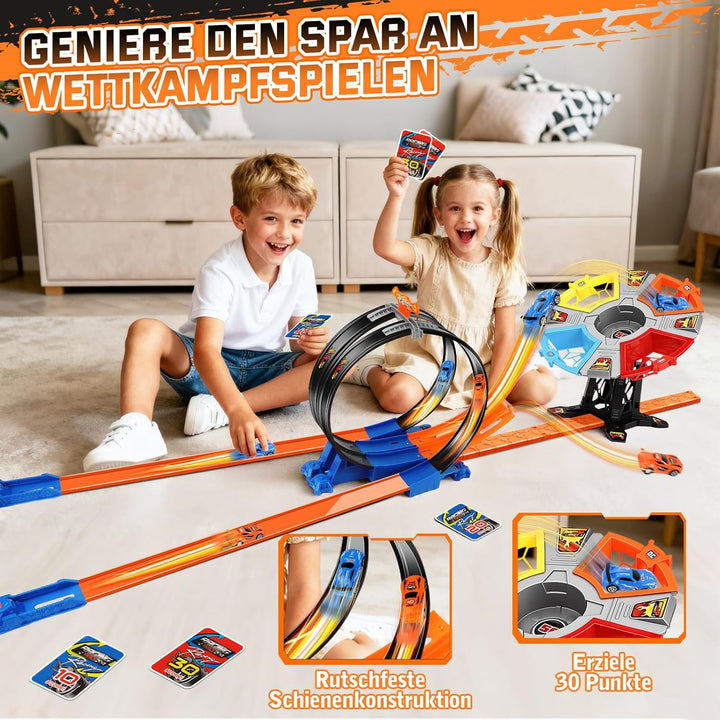 Autorennbahn für Kinder, Strecke Spielzeug Set, Rennstrecke Auto Spielzeug mit Loopings, Dual Auto S