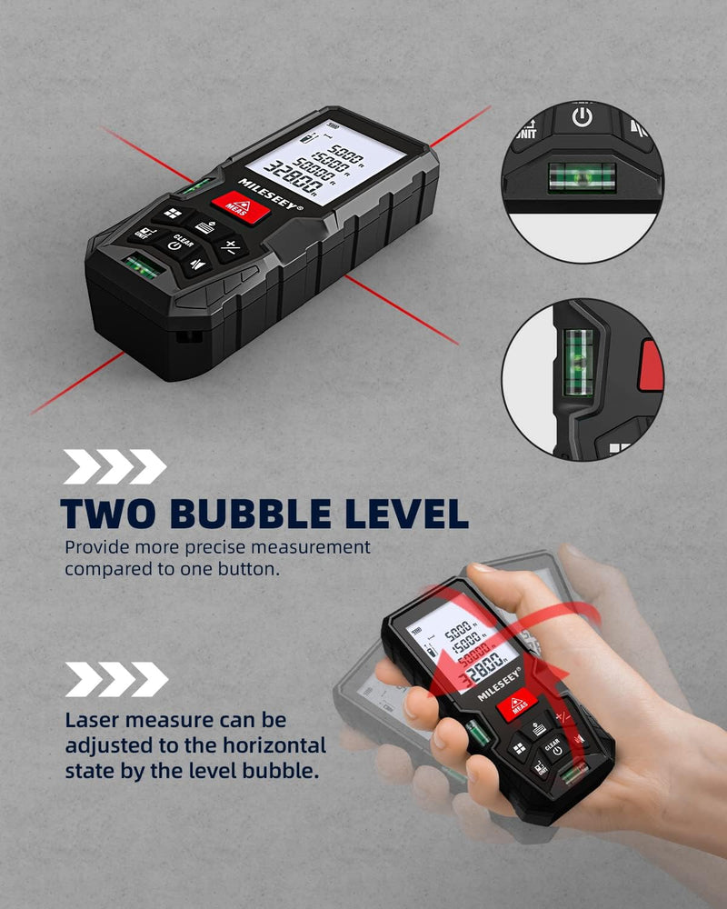 Laser Entfernungsmesser 100m,MiLESEEY Lasermessgerät mit 2 Wasserwaagenblasen,±2mm Genauigkeit,2 Zol