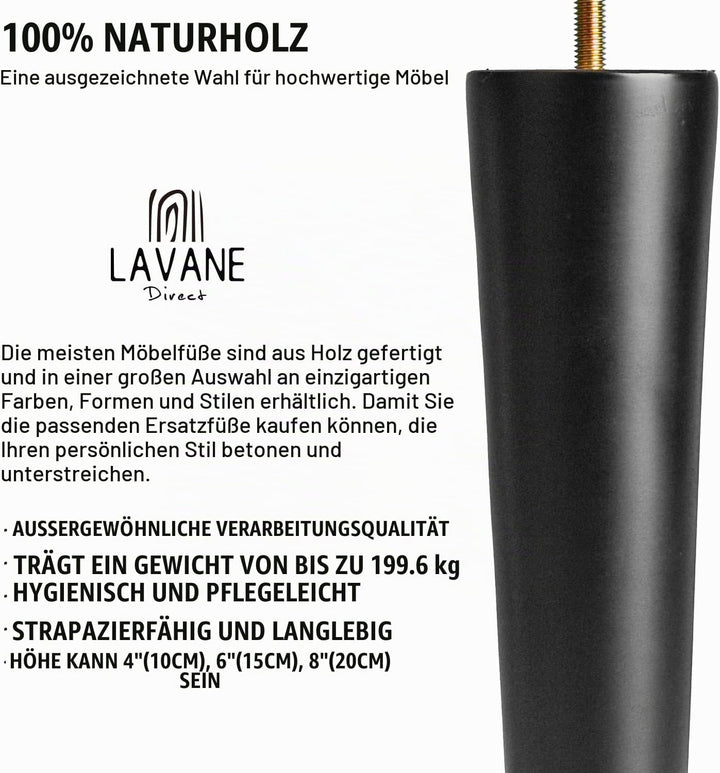 La Vane 4 Stück Möbelfüsse aus Massivholz - 12cm Höhe, Schwarz, Konisch mit M8 Gewindebolzen &amp; Monta